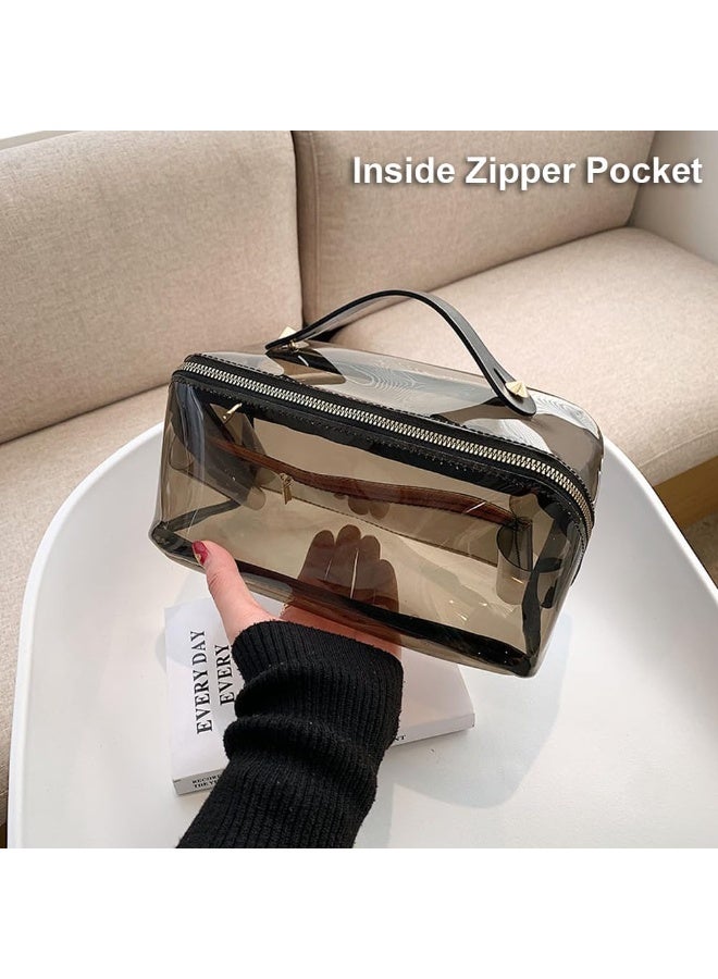 تظهر الصورة حقيبة مكياج ومنظم مستحضرات تجميل بتصميم عصري وعملي لون بنى شفاف - Image 2